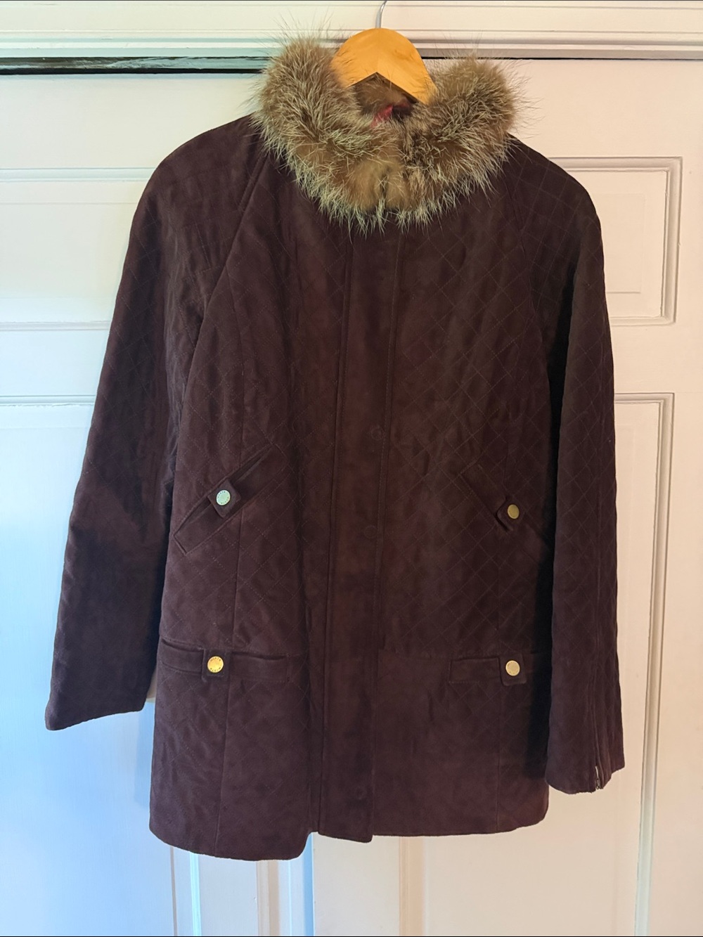 Worth Brown Suede Jacket coat with detachable fur collar and knit collar